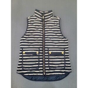 J Crew Vest Womens Small Navy‎ White Stripe Quilted Down Puffer Pockets Preppy